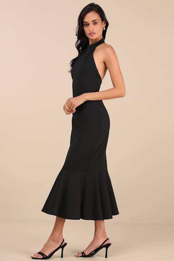 Lulus Chic Masterpiece Black Backless Trumpet Hem Midi Dress In Black