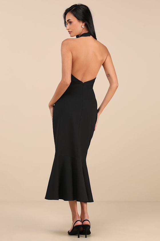 Lulus Chic Masterpiece Black Backless Trumpet Hem Midi Dress In Black