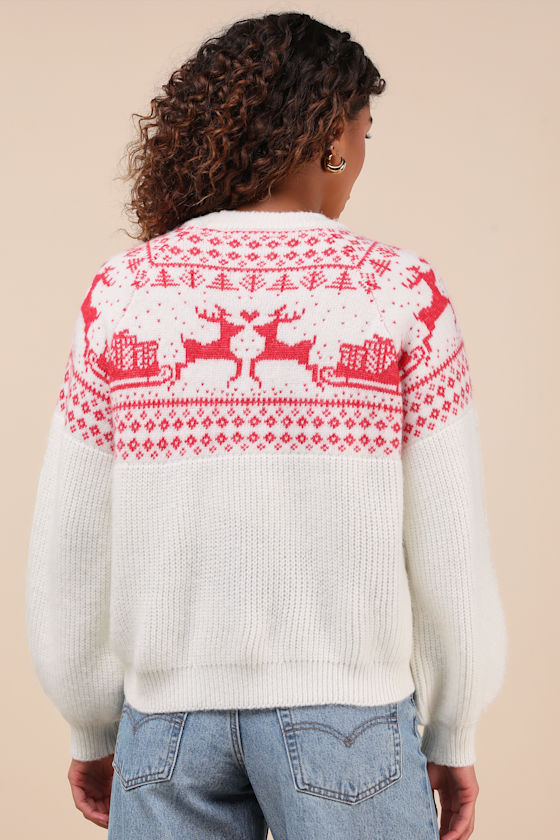 Lulus Cutest Cheer Ivory And Red Fair Isle Pullover Sweater In White