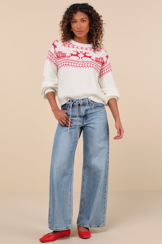 Lulus Cutest Cheer Ivory And Red Fair Isle Pullover Sweater In White