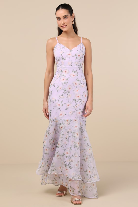 Lulus Pure Splendor Lavender Floral Organza Trumpet Maxi Dress In Purple