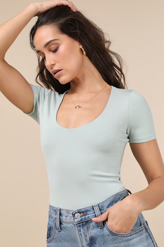 Lulus Effortless Mindset Sage Green Scoop Neck Short Sleeve Bodysuit In Sage Green