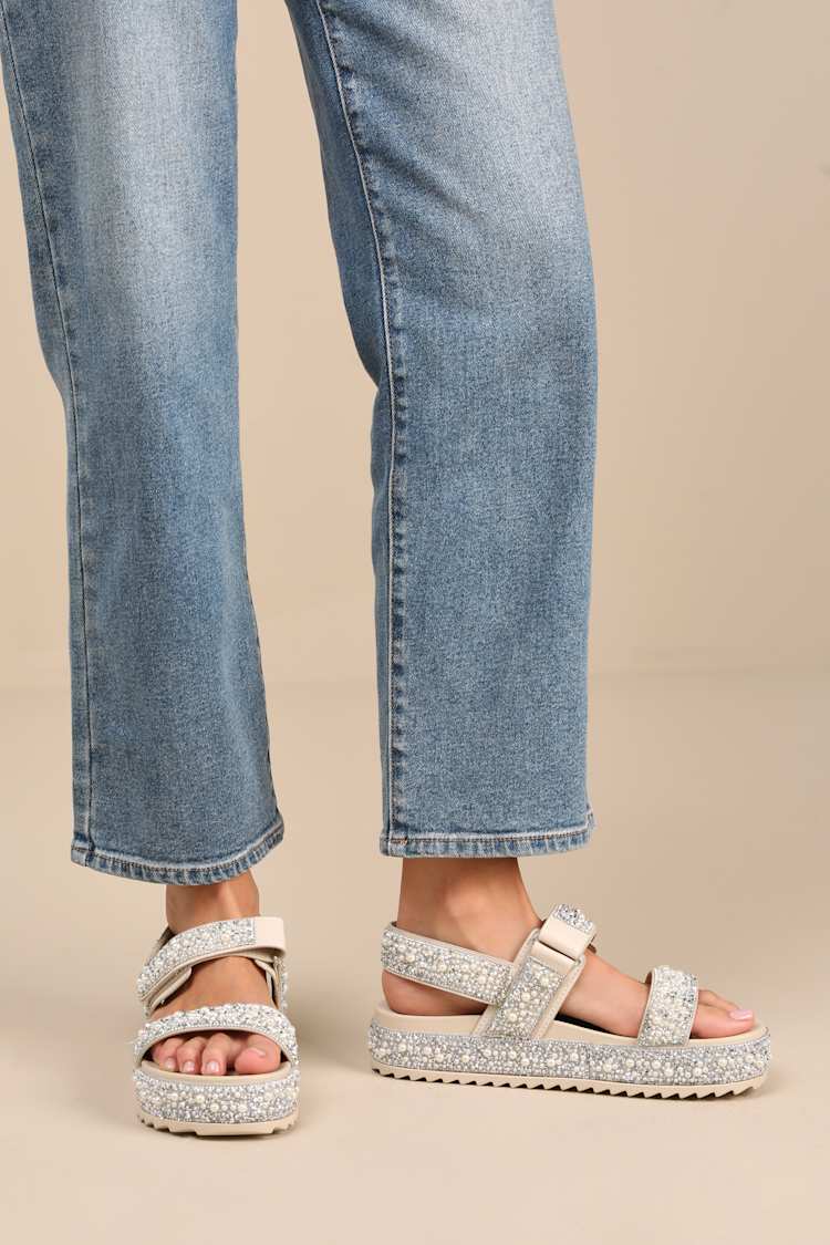 Toinetta Ivory Rhinestone Pearl Flatform Sandals