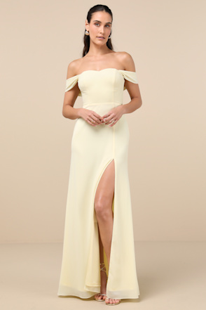 Magical Magnetism Pale Yellow Off-the-Shoulder Maxi Dress