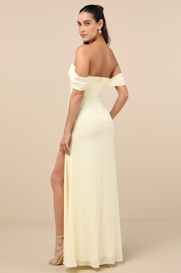 Magical Magnetism Pale Yellow Off-the-Shoulder Maxi Dress