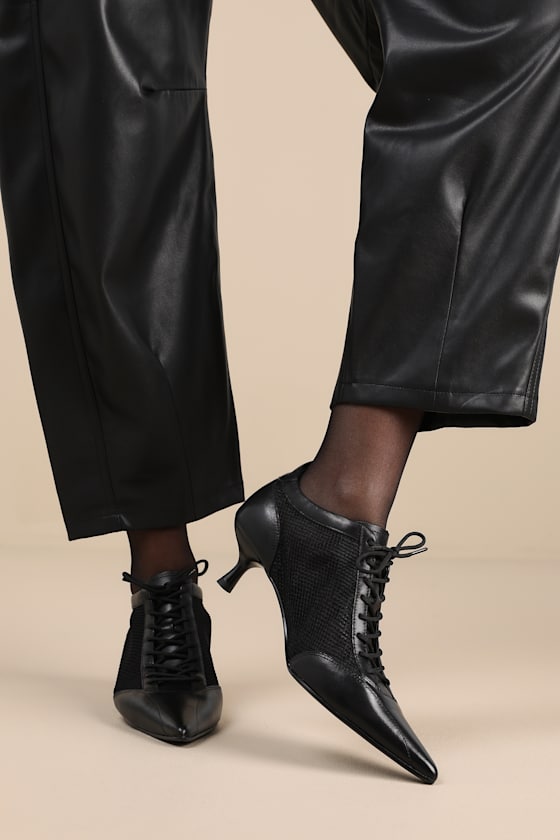 Lykke Black Leather Mesh Lace-Up Kitten Heel Pumps 4