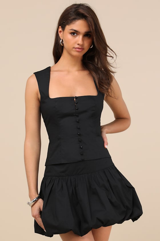 LULUS EVYNNE BLACK POPLIN CAP SLEEVE BUTTON-FRONT TOP 