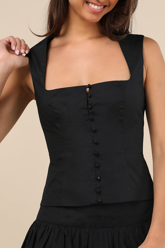 LULUS EVYNNE BLACK POPLIN CAP SLEEVE BUTTON-FRONT TOP 