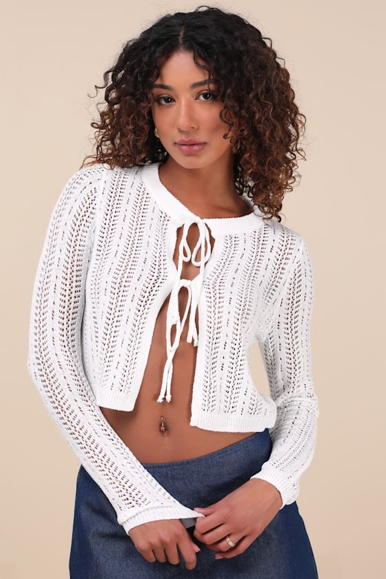 Lulus Alwilda White Pointelle Knit Tie-front Cardigan Sweater Top In White