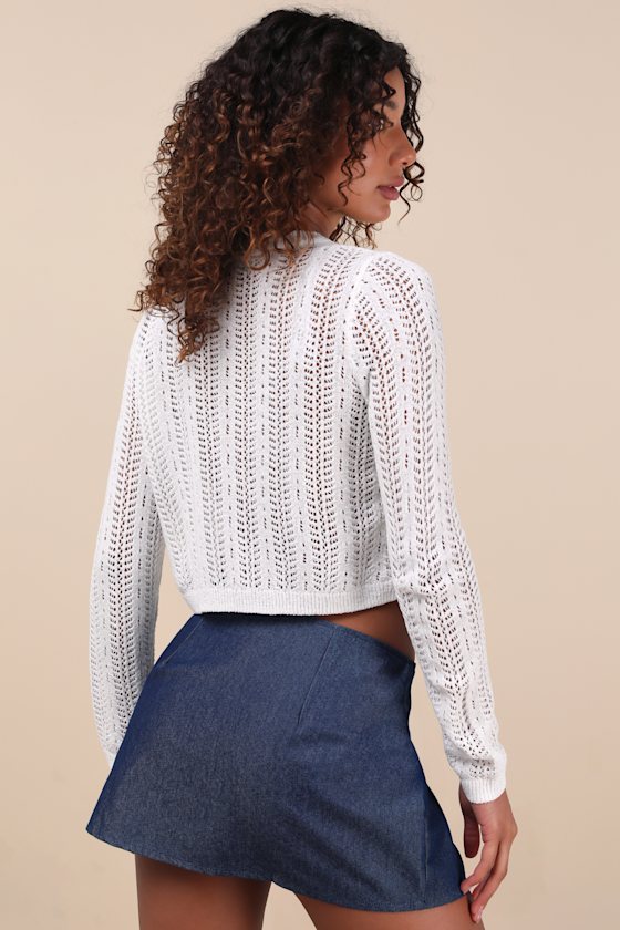 Lulus Alwilda White Pointelle Knit Tie-front Cardigan Sweater Top In White