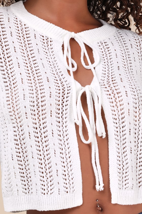 Lulus Alwilda White Pointelle Knit Tie-front Cardigan Sweater Top In White
