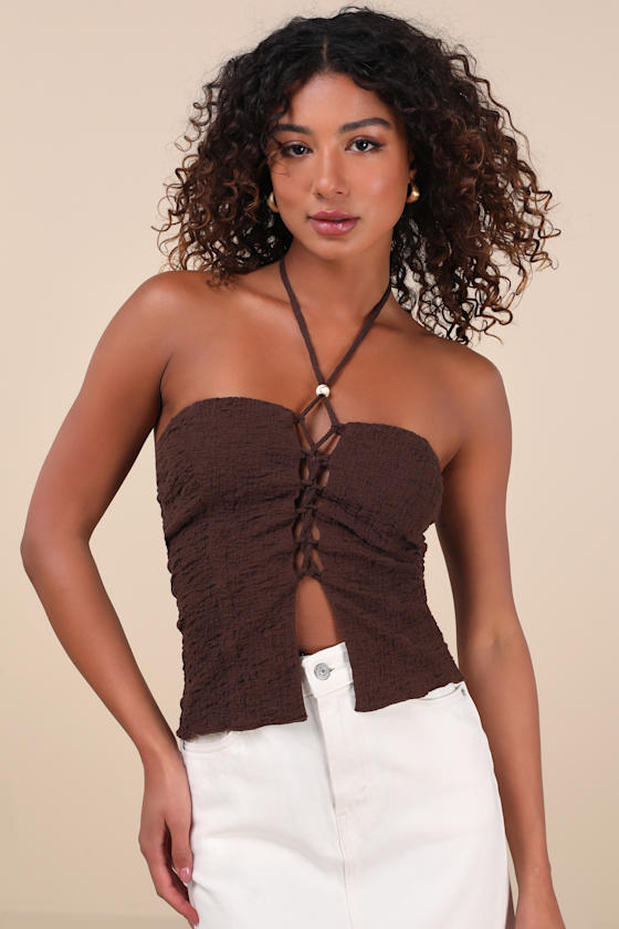 Lulus Kelani Brown Textured Knit Halter Crop Top In Brown