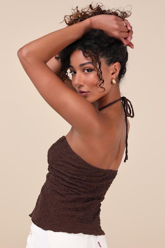 Lulus Kelani Brown Textured Knit Halter Crop Top In Brown