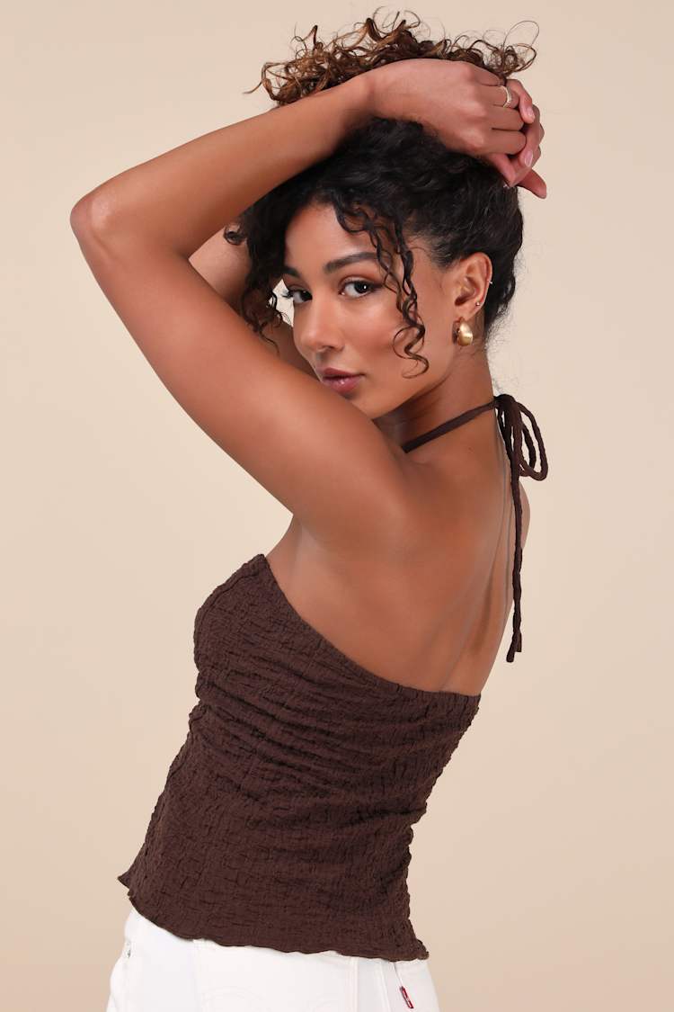 Kelani Brown Textured Knit Halter Crop Top