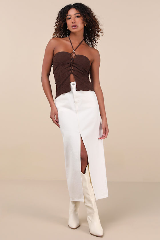 Lulus Kelani Brown Textured Knit Halter Crop Top In Brown