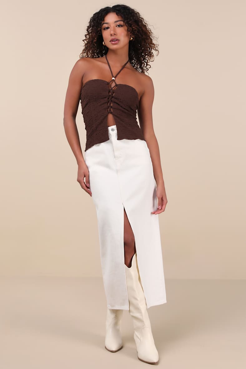 Kelani Brown Textured Knit Halter Crop Top