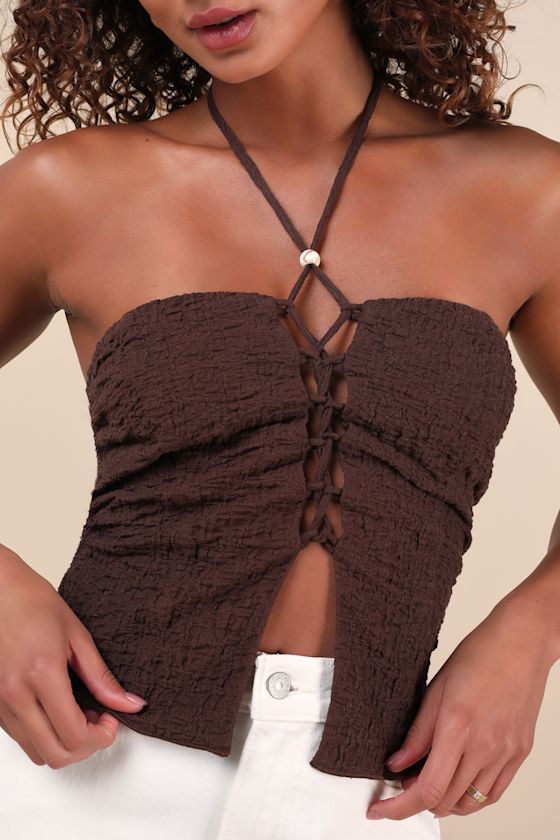 Lulus Kelani Brown Textured Knit Halter Crop Top In Brown