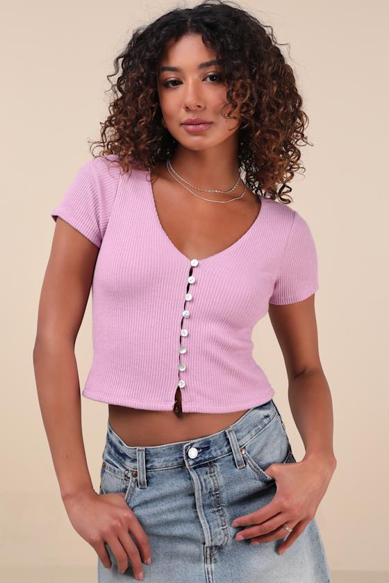 Lulus My Everyday Best Lilac Ribbed Short Sleeve Button-front Top In Lilac