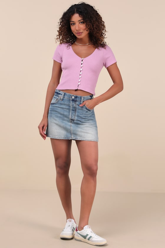 Lulus My Everyday Best Lilac Ribbed Short Sleeve Button-front Top In Lilac