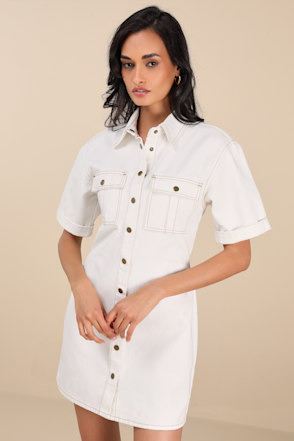 white christmas dresses Take Your Pick Ivory Cotton Denim Sleeveless Mini Shirt Dress main image 1