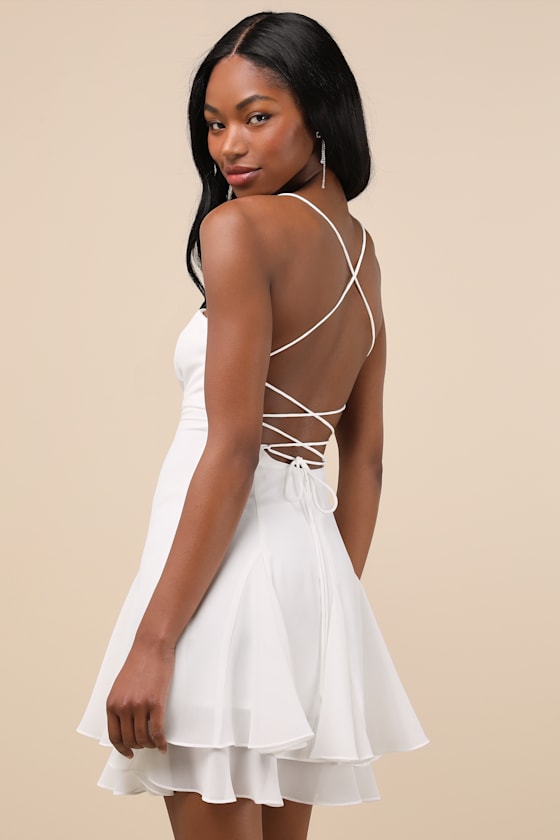Perfected Sweetness White Pleated Tiered Lace-Up Mini Dress 3