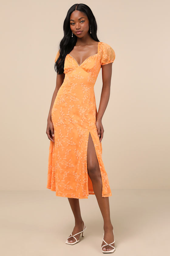 Blossoming with Charm Orange Embroidered Tie-Back Midi Dress 1