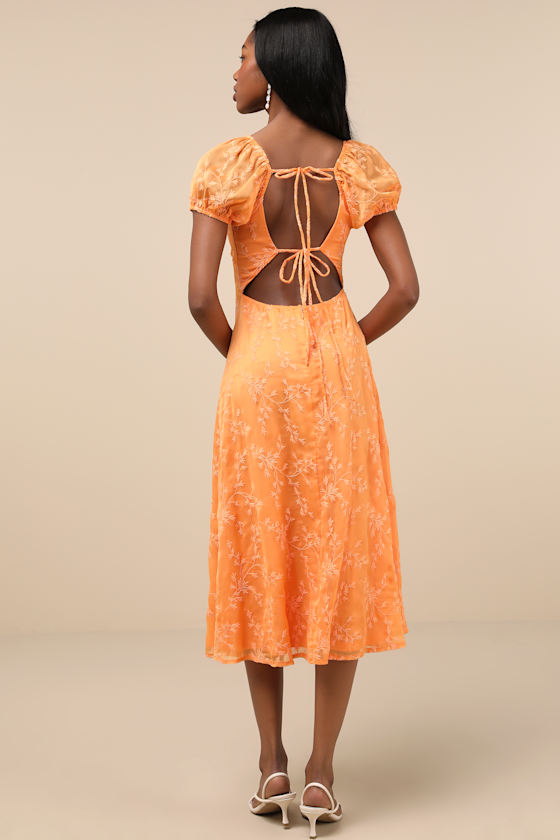 Lulus Blossoming With Charm Orange Embroidered Tie-back Midi Dress In Orange