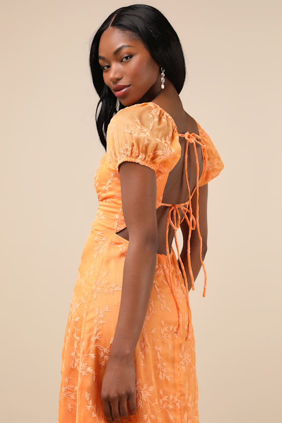 Lulus Blossoming With Charm Orange Embroidered Tie-back Midi Dress In Orange