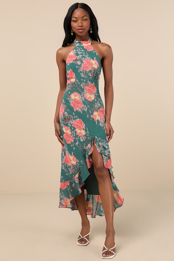 Lulus Elegant Entrance Teal Green Floral Print Halter Maxi Dress In Teal Green