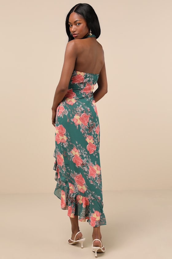 Lulus Elegant Entrance Teal Green Floral Print Halter Maxi Dress In Teal Green