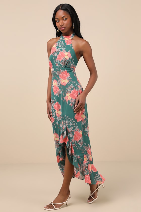 Lulus Elegant Entrance Teal Green Floral Print Halter Maxi Dress In Teal Green