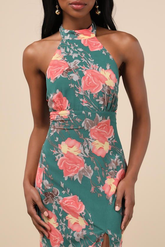 Lulus Elegant Entrance Teal Green Floral Print Halter Maxi Dress In Teal Green
