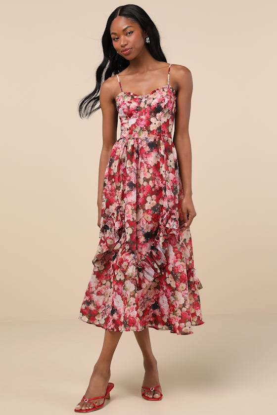 Shop Lulus Maisley Red Multi Floral Bustier Ruffled Midi Dress
