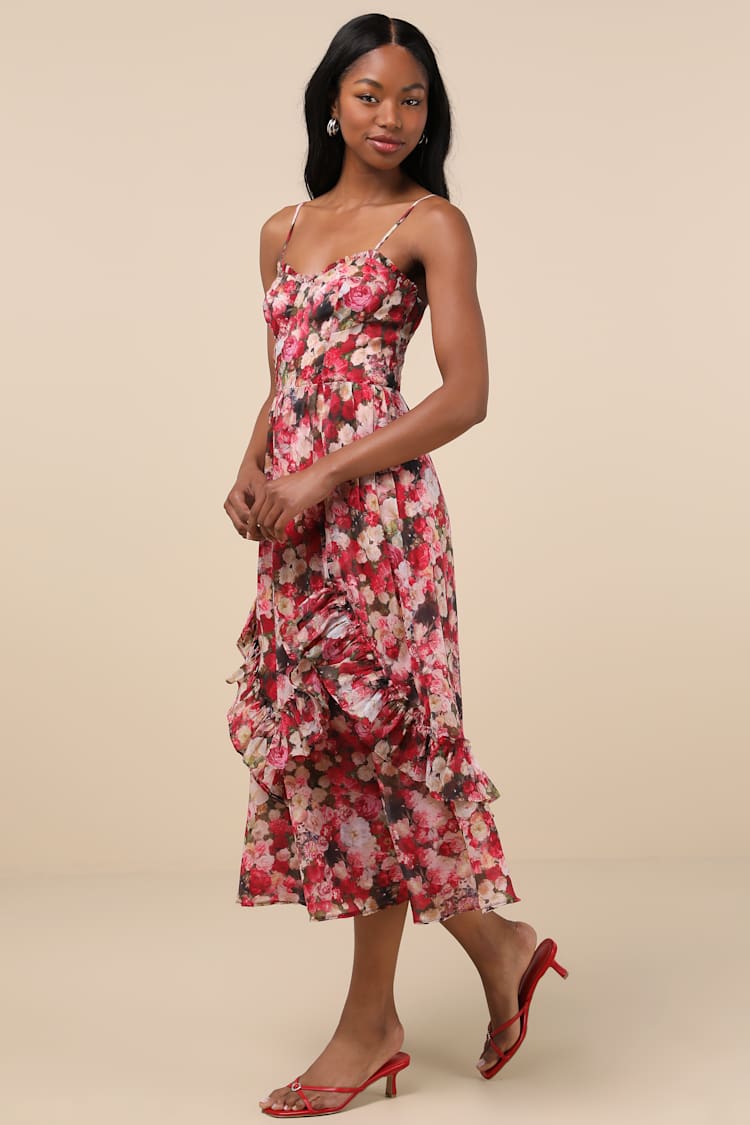 Maisley Red Multi Floral Bustier Ruffled Midi Dress