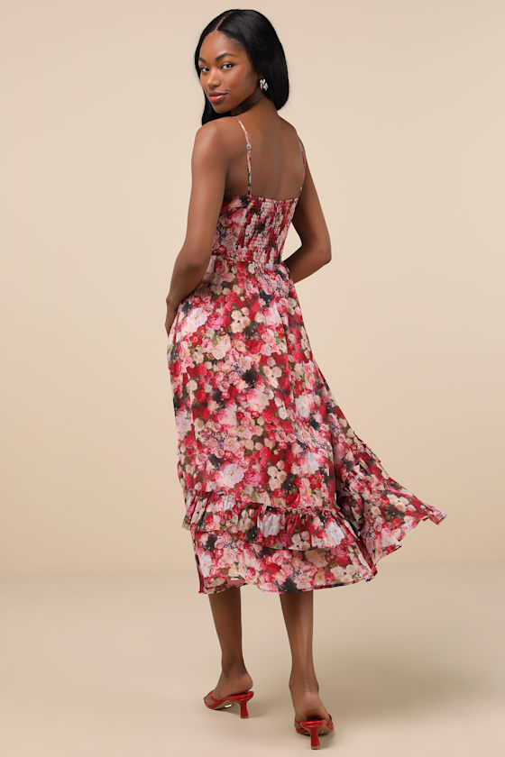 Shop Lulus Maisley Red Multi Floral Bustier Ruffled Midi Dress