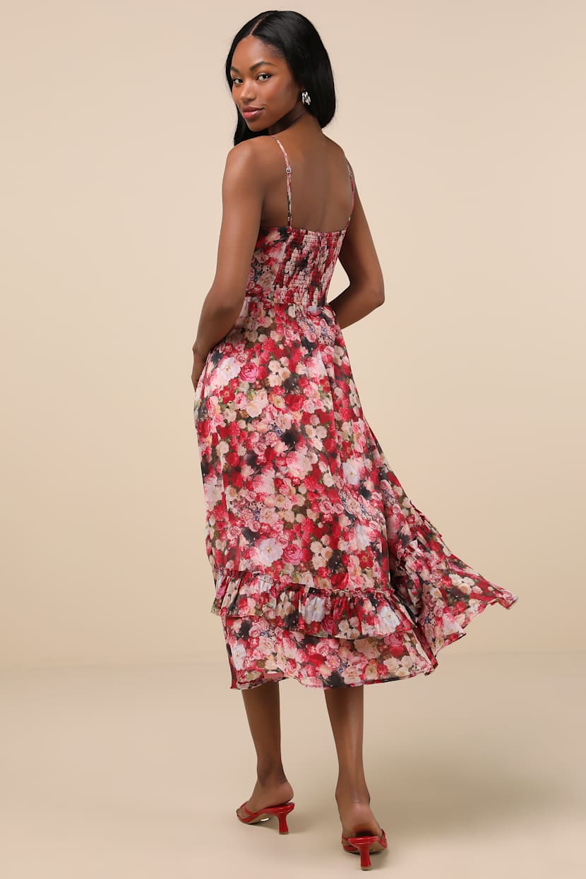 Maisley Red Multi Floral Bustier Ruffled Midi Dress