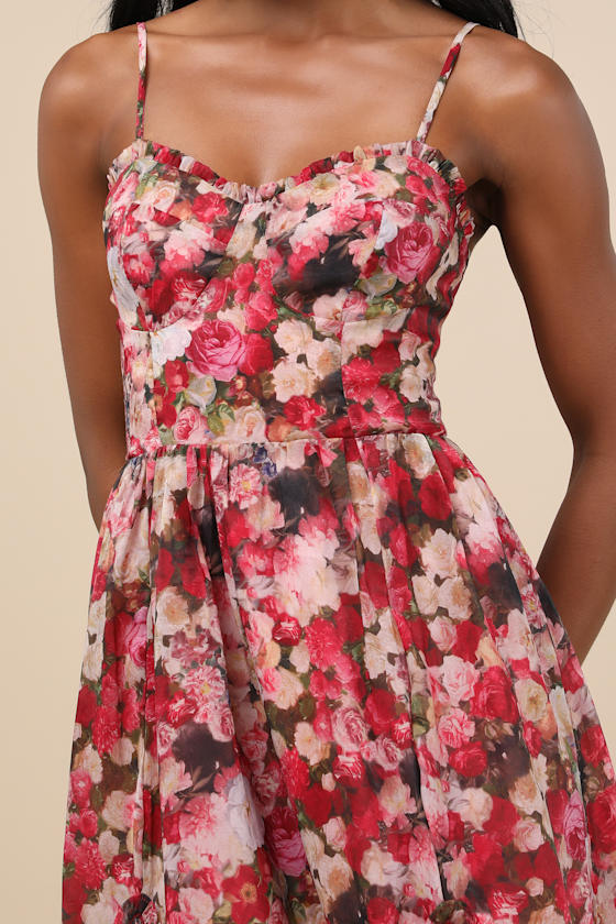Shop Lulus Maisley Red Multi Floral Bustier Ruffled Midi Dress