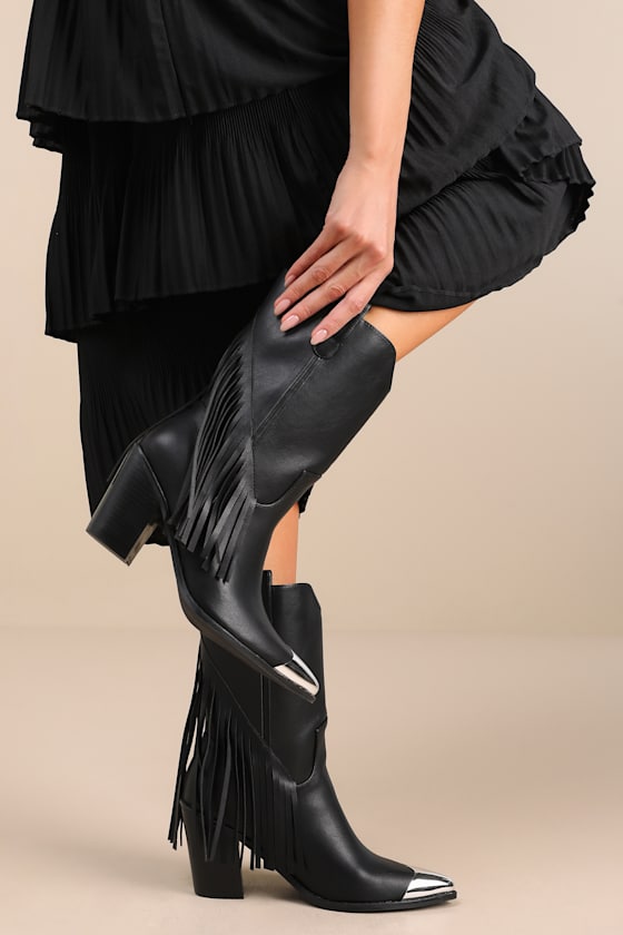 Toleson Black Fringe Pointed-Toe Mid-Calf Western Boots 5