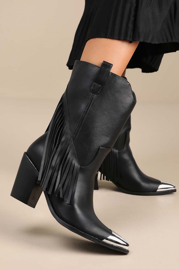 Toleson Black Fringe Pointed-Toe Mid-Calf Western Boots