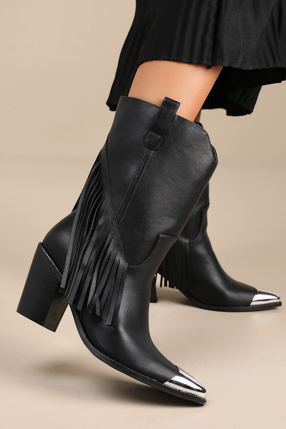 Toleson Black Fringe Pointed-Toe Mid-Calf Western Boots 1