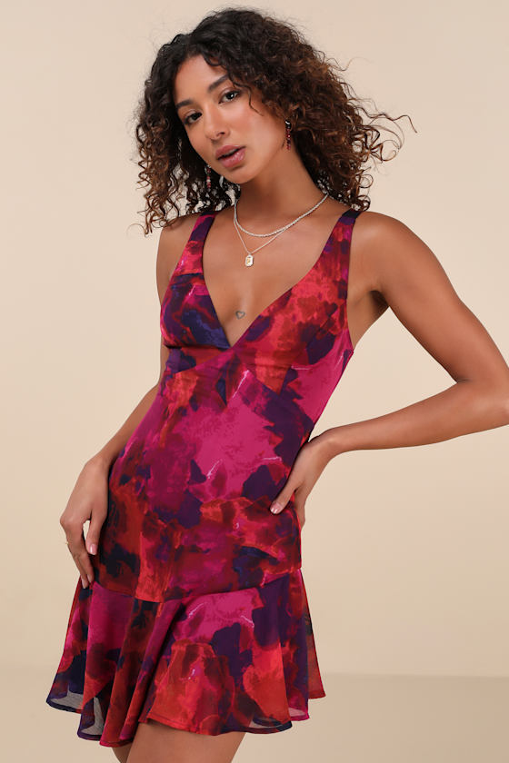 Lulus Jodi Purple Multi Abstract Print Lace-up Mini Dress In Purple