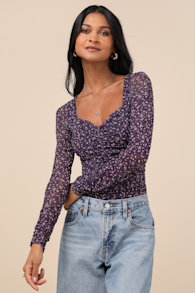 Adoring Desire Dark Purple Floral Print Mesh Ruched Bodysuit 2