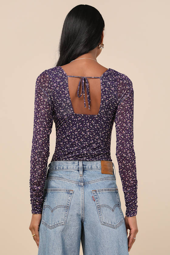 Adoring Desire Dark Purple Floral Print Mesh Ruched Bodysuit 3