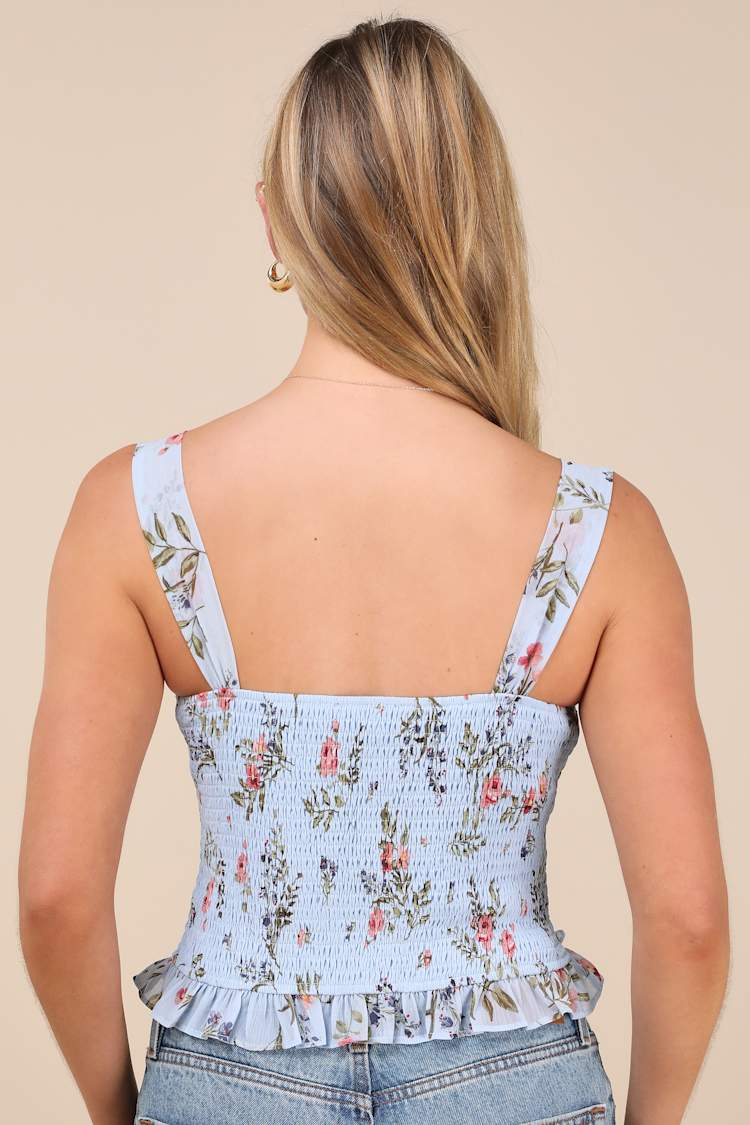 Luci Light Blue Floral Ruffled Tank Top
