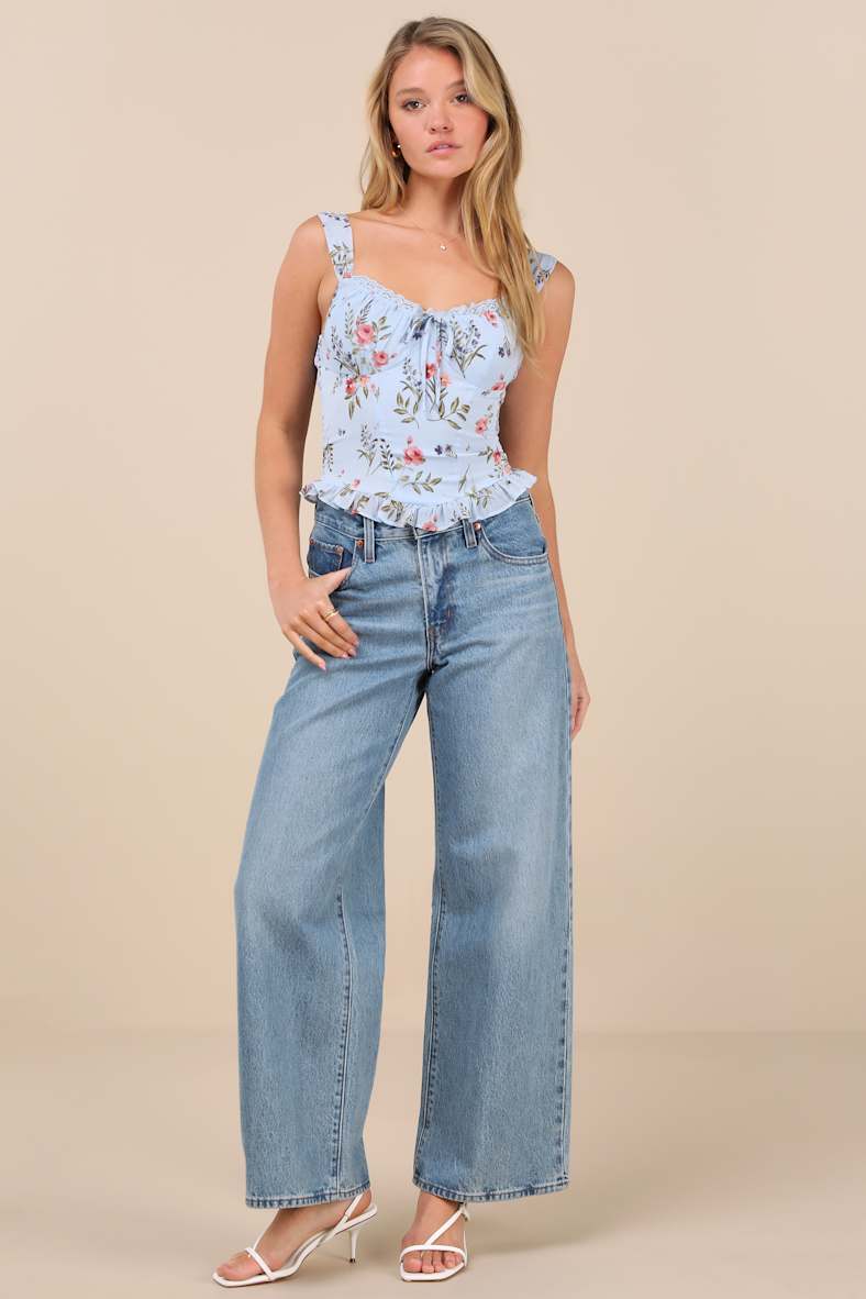 Luci Light Blue Floral Ruffled Tank Top