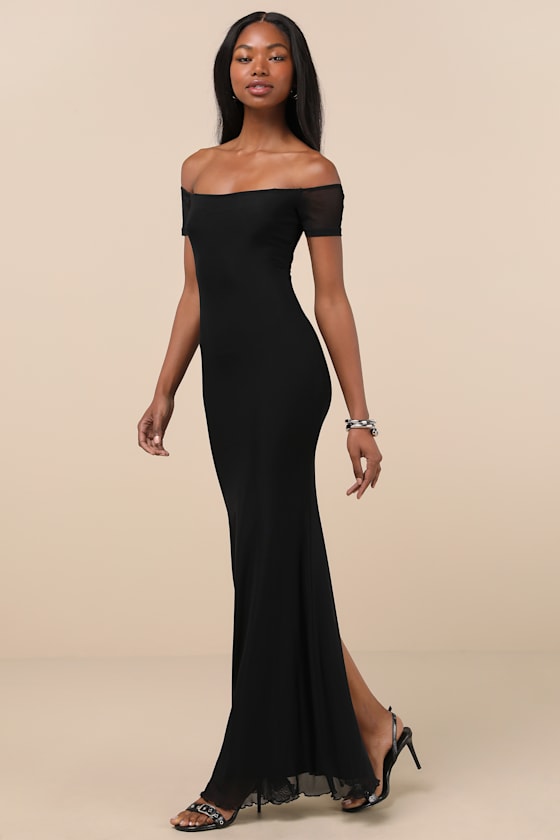 Lulus Faizah Black Mesh Off-the-shoulder Mermaid Maxi Dress In Black