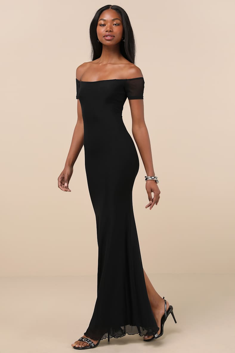 Faizah Black Mesh Off-the-Shoulder Mermaid Maxi Dress