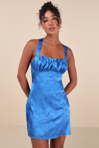 Exquisite Outlook Blue Floral Jacquard Satin Lace-Up Mini Dress 1