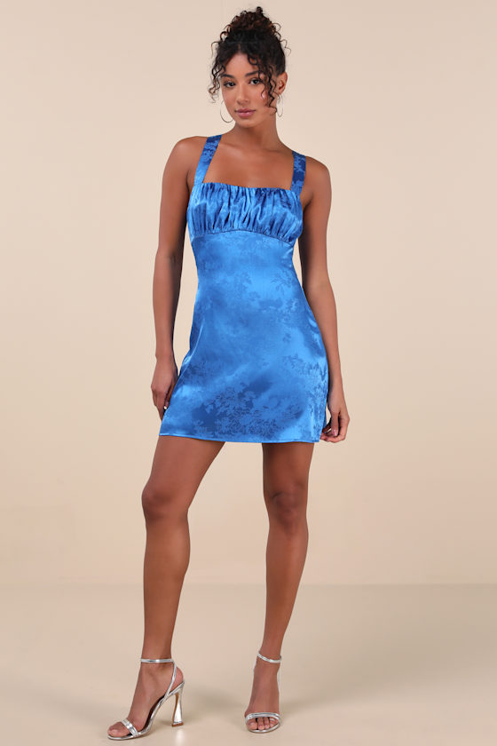 Lulus Exquisite Outlook Blue Floral Jacquard Satin Lace-up Mini Dress In Blue