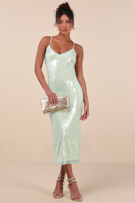 Lulus Cahya Mint Green Sequin Tie-back Midi Dress In Mint Green